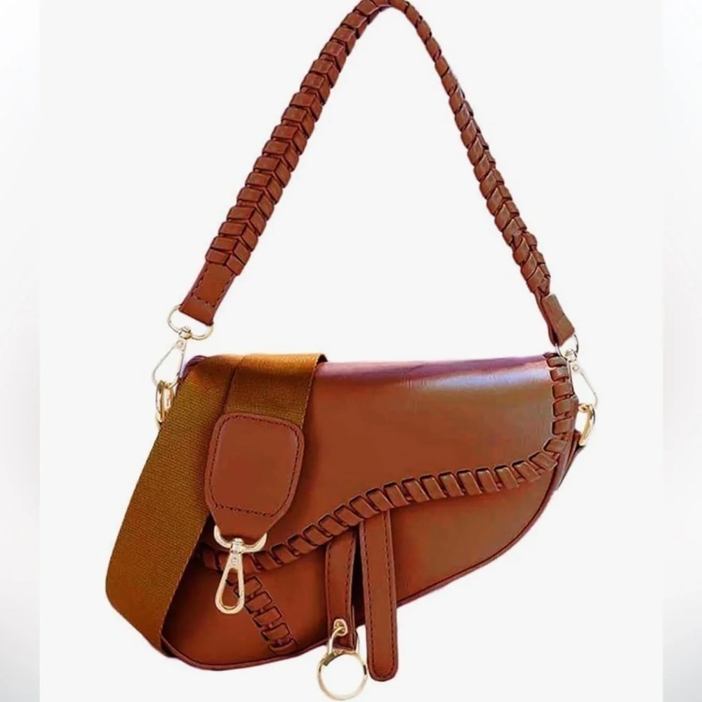 Honey brown saddle bag w/ braided edges crossbody strap, vegan leather lux look